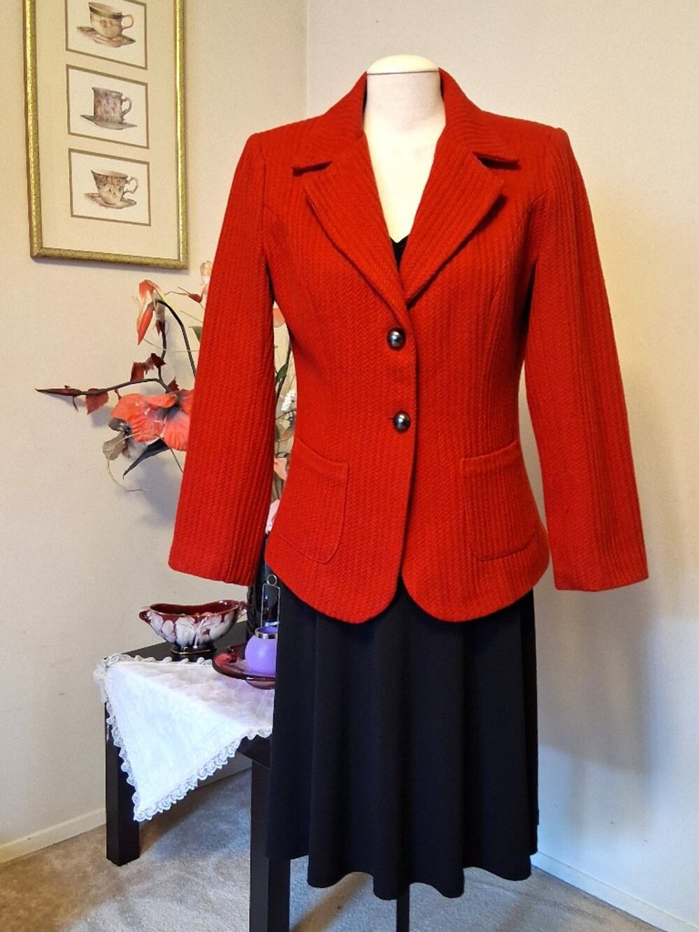 Women Cotton Blend Red Lined Blazer Jacket Wrinkle Resistant Tailored Blazers M